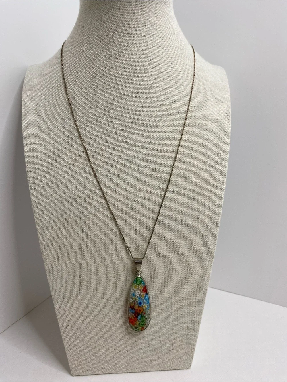 Millefiori Made In Italy Floral Glass Teardrop Pendant Sterling Silver Box Chain